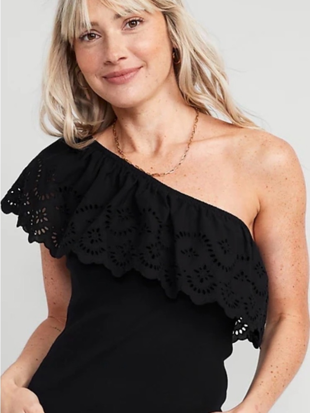 Anthropologie Black One-Shoulder Eyelet Ruffle Top